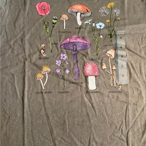 Floral and Mushroom Graphic Tee - Gray